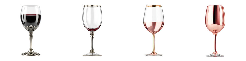 Elegant Wine Glasses with Colored Accents: Silver, Rose Gold, Copper on White