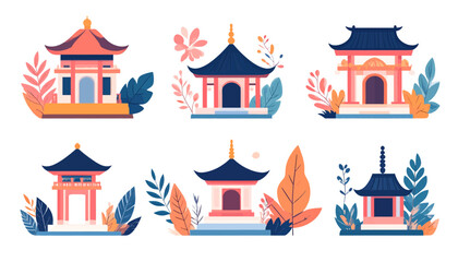 Obraz premium Six stylized illustrations of traditional Asian pagodas surrounded by decorative foliage.