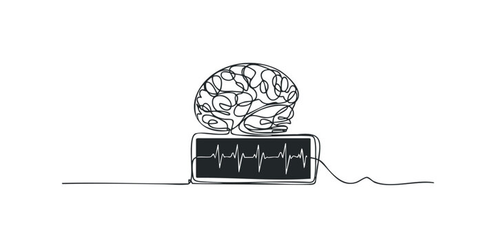 Abstract continuous line drawing of a brain and heartbeat monitor
