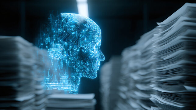 A holographic head made up of circuit boards, symbolizing AI, stands next to stacks of paperwork, indicating automation in a workplace.