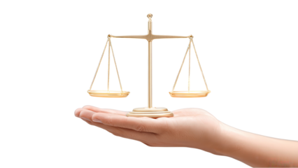 Hand holding scales of justice on white backdrop