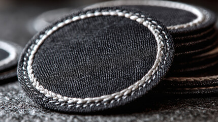 Fototapeta premium A detailed close-up showcases fabric coasters with decorative stitching, highlighting texture and craftsmanship. Black and white color scheme.