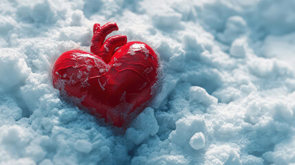 lonely red heart symbol frozen in cold snow and ice during winter. An image representing feeling of lost love + sadness during difficult season. cold and lonely feeling.