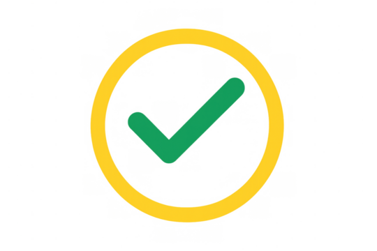 Check mark in a yellow circle verifying agreement, confirmation, success, passing, and correctness. Transparent background