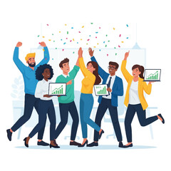 Diverse group of business professionals celebrating with raised arms and holding laptops with graphs in a colorful office setting with confetti.