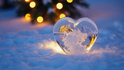 Glowing heart ornament snow winter evening xmas decoration warm light bokeh background creating magical festive atmosphere perfect for holiday celebration romantic setting