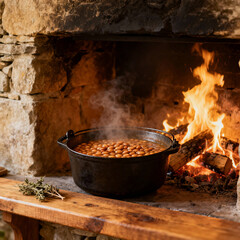 UNA PENTOLA DI RAME CON FAGIOLI SUL FUOCO