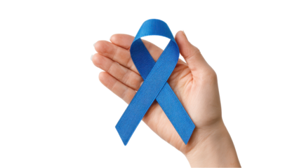 Hand Holding Blue Ribbon Isolated on White: Cancer Awareness Symbol