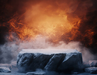 Dramatic stone podium background with epic fire and smoke for display.