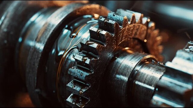 Close up view of industrial gear mechanism with oil drops