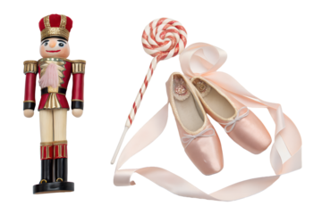 PNG image of Nutcracker ballet shoes and lollipop christmas holiday festive season decorations still life photography