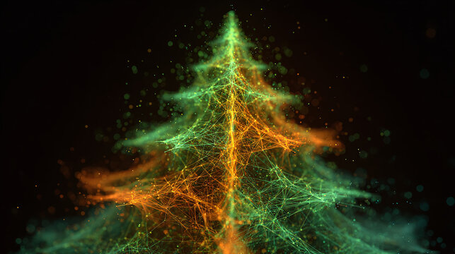 Abstract digital Christmas tree with vibrant green and orange hues, set against a dark backdrop, perfect for the holiday season.