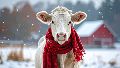 White cow red scarf winter snow farm animal portrait