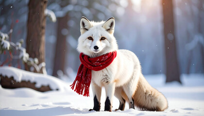 White fox wearing red scarf sitting in snowy winter forest