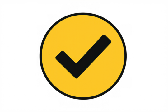 Check mark icon in yellow circle representing correct choice, approval, success, and completion with transparent background