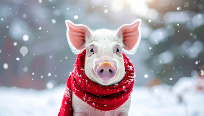 Adorable white pig wearing red knit scarf in snowy winter