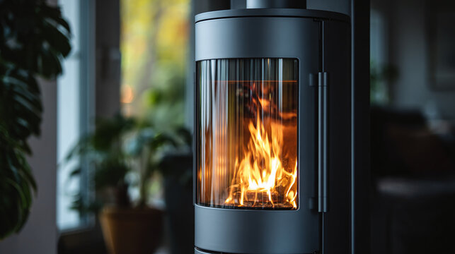 A modern fireplace radiates warmth with flickering flames, contrasting with the muted room and silhouetted greenery through the window.