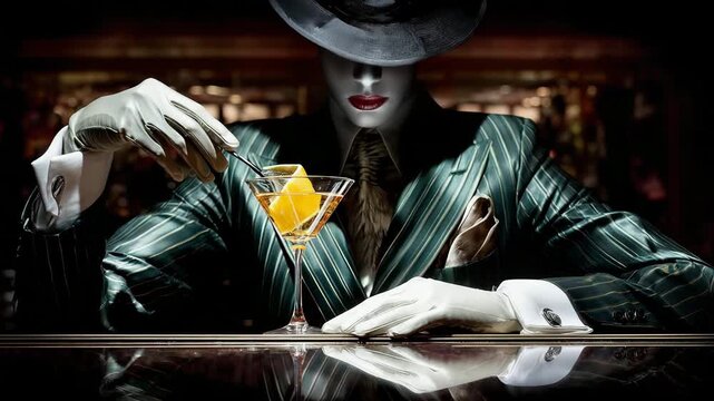 A mysterious man in a hat, gloves, and a striped suit sits at the bar, looking into the camera while stirring a cocktail. Film noir, crime.