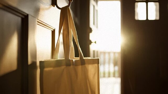 Canvas Bag Hanging on Hook Near Doorway, With Sunlight