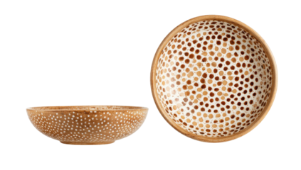 Two ceramic bowls, one in profile, featuring brown and white spotted patterns