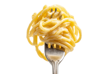 Close-up view of a fork holding cooked pasta with a creamy sauce. Isolated against black