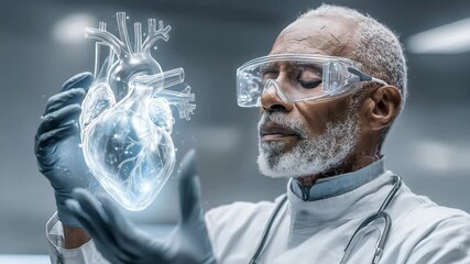 An elderly African American doctor or scientist examines a holographic model of a beating human heart. Medical technology, cardiology. - Powered by Adobe