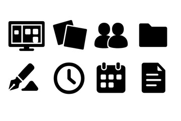 Office tools solid icon set. Essential business and productivity solid icons collection