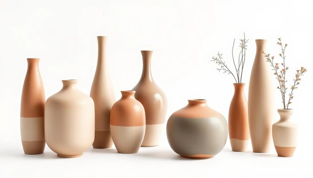 Sleek, minimalist ceramic vases; varying heights and muted earth tones on pure white background,  vase,  harmony