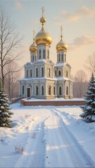 Orthodox church with golden domes in snowy winter landscape  