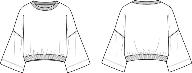 Cropped sweatshirt technical flat, CAD vector illustration with wide sleeves, ribbed hem, front and back view, fashion design template