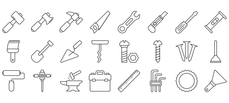 Minimalist Tools line icons set with editable stroke, featuring mallet, ax, hammer, hand saw, wrench, washer, tool box, cutter, bolt, screw, pencil, chainsaw, level, nails. thin linear illustration.