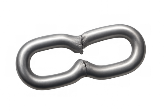 Broken metal chain link symbolizing weakness, disconnection, vulnerability, and system failure