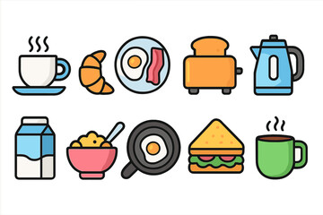 Breakfast, food flat icon set. Coffee, croissant, toast, breakfast icons flat collection