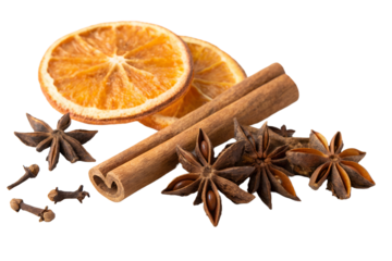 PNG image of Aromatic spices cinnamon sticks star anise and orange slices for christmas holiday season and winter drinks