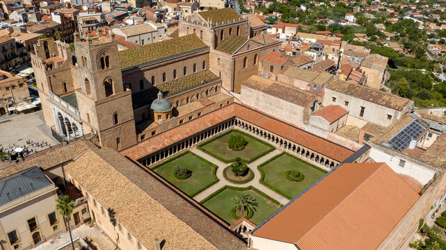 Aerial view of Monreale Cathedral. It's a Catholic church in Monreale, Metropolitan City of Palermo, Sicily, Italy. Masterpiece of Norman architecture, it has a beautiful cloister.
