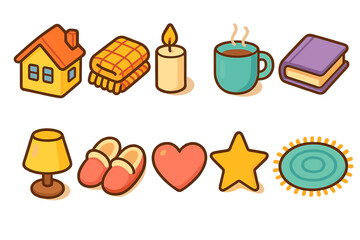 Cozy winter outline icon set. Warm home, comfort icons in outline style.