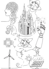 Futuristic technology concept illustrating human mind, global connectivity, and sustainable energy.