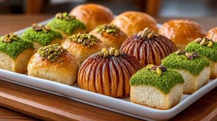 Turkish traditional desserts displaying assorted pastries with pistachios