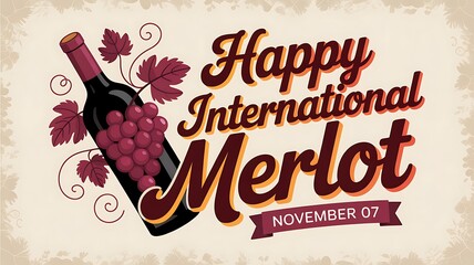 Celebrate international merlot day with a festive illustration of a wine bottle and grapes