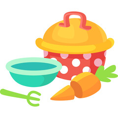 Playful Childrens Toy Kitchenware Set With A Red Polka Dot Pot A Teal Bowl And A Carrot Slice With Green Utensil On A White Background