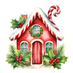 Santa's snowy house with red and green floral decorations, holly, berries, fir branches and candy cane. Watercolor illustration on a white background. The spirit of Christmas holidays.