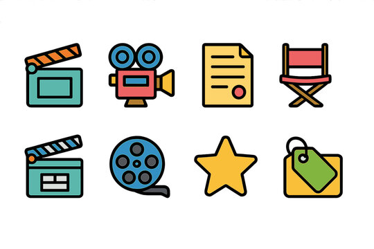 Movie, cinema flat icon set. Film, entertainment, media flat icons collection