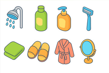 Fototapeta premium Bath and grooming flat icon set. Bathroom essentials and hygiene tools flat collection.