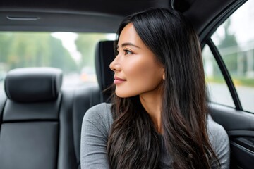 Naklejka premium Woman traveling in car looking out window