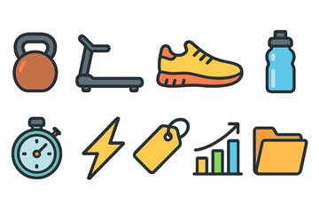 Fitness and gym outline icon set. Workout equipment, health, sport symbol collection