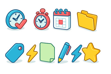Office supplies cartoon icon set. Stationery, productivity tools icons, fun flat style