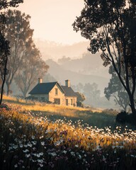 A quaint house nestled in a valley, surrounded by a meadow of colorful wildflowers, with misty mountains in the background, bathed in soft golden light from the setting sun.