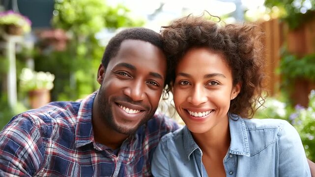 Happy young couple embracing and smiling while sitting outdoors, under gentle natural light, highlighting warm connection and serene setting, serene outdoor scene, calm daylight li