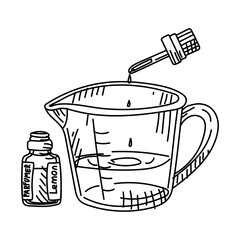 Topped soap in a jug, fragrance in pipette, in doodle. Handicrafts, production. Soap-making. Making soap in portions. Flat, graphic illustration. Creative work. For projects, workshops, product design