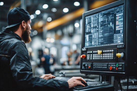 Factory worker operating cnc machine control panel